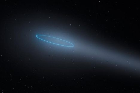 The object 288P, with the binary asteroids' orbit in blue.