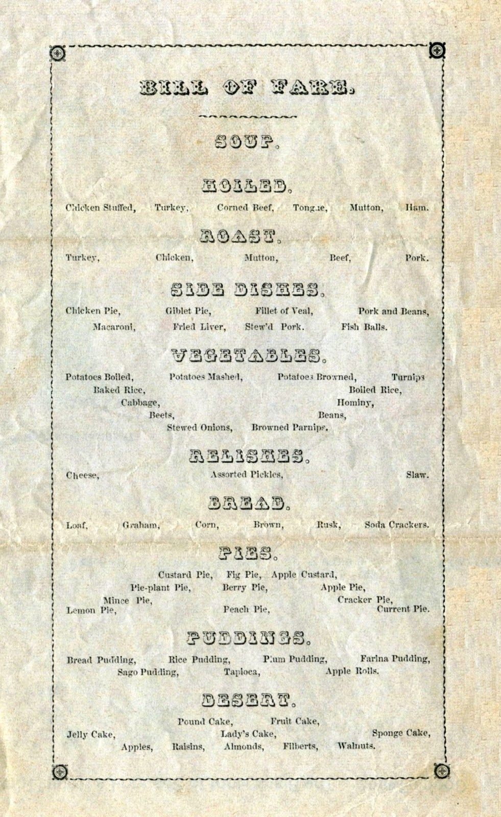 An 1858 menu from the American House hotel in Des Moines, Iowa.