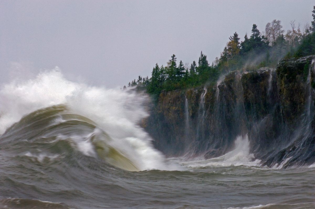 Lake Superior batters a Minnesota shoreline.