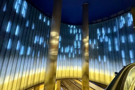 The digital waterfall was partly inspired by the way light hits cathedral apses.