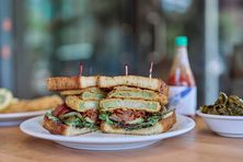 The fried green tomato sandwich comes on jalapeño cornbread toast.