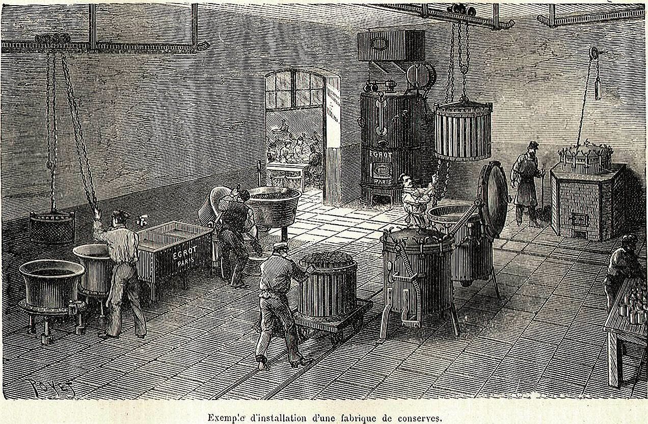 An 1898 etching of a French canned food factory. 