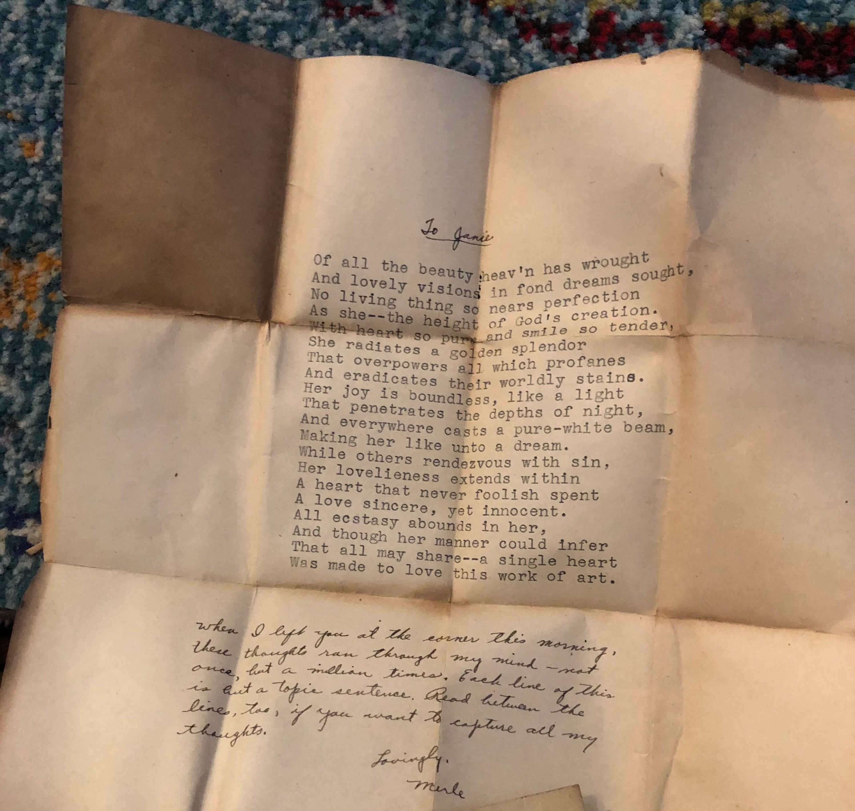 A love letter from Merle to Jane—complete with a poem—unfolded after decades.