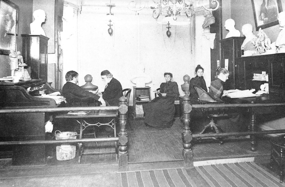 Lorenzo Fowler in an examination room that also features several busts of human heads, found in the papers of the Fowler and Wells families.