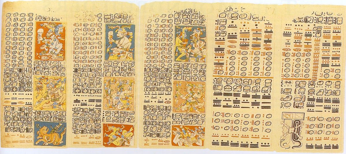 A recreation of the pages in the Dresden Codex, which some believe contain clues about the world's end.