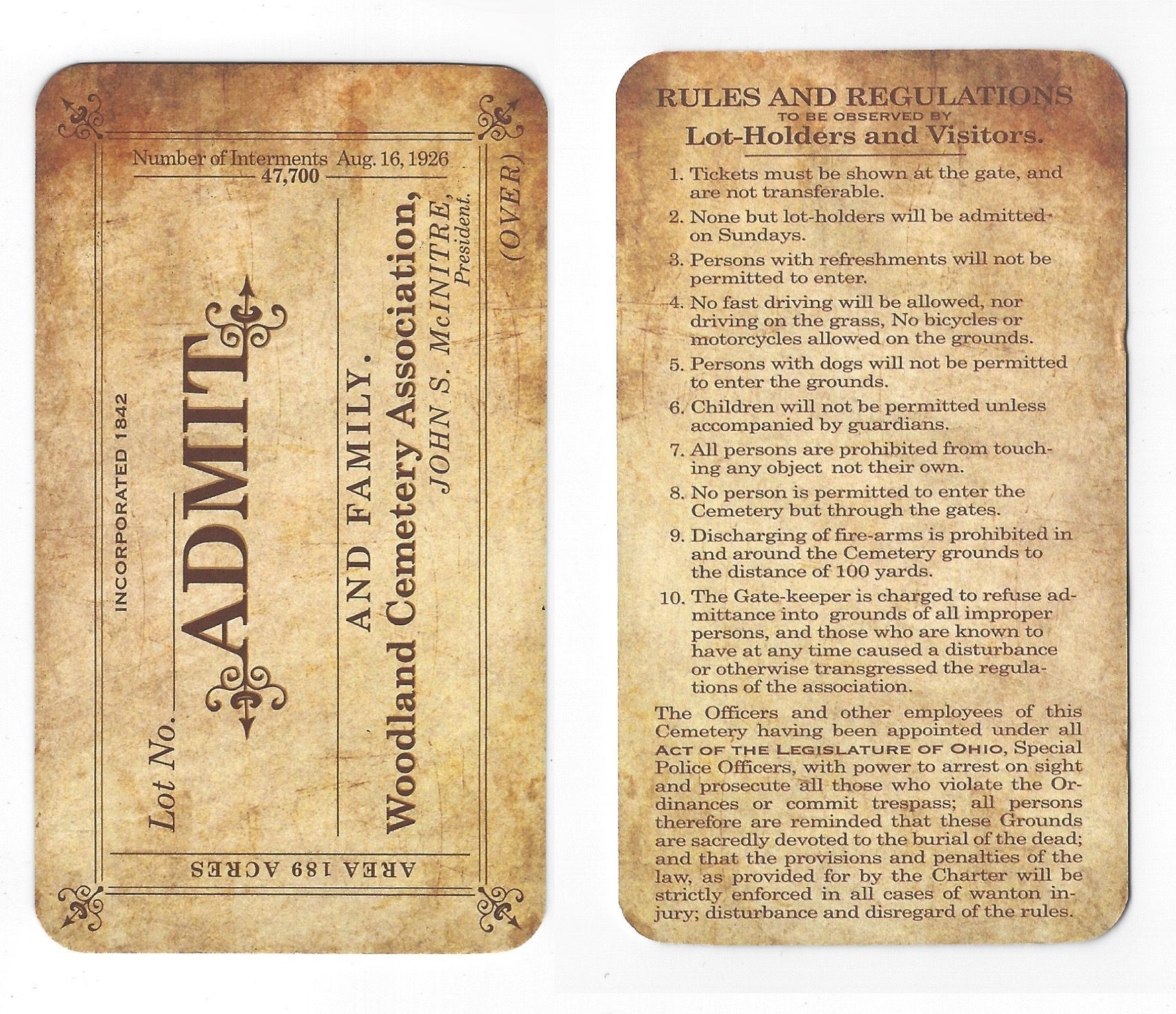 A reproduction of an admittance pass to Woodland Cemetery from 1926; it notably prohibits bringing in refreshments.
