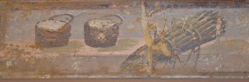 A still life Roman fresco showing cheese and asparagus.