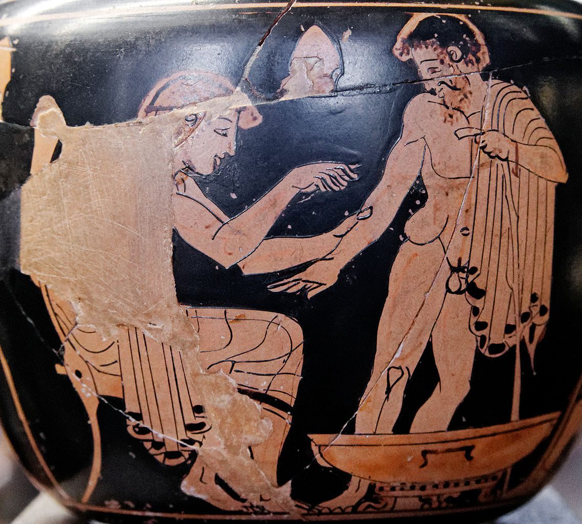 A depiction of a physician on a Greek vase.