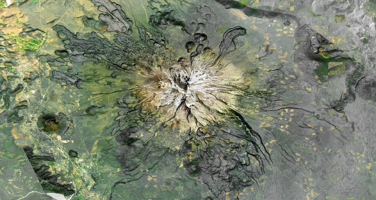 An orthophoto mosaic overlayed on a topographic map reveals some of Mount Shasta's volcanic history.
