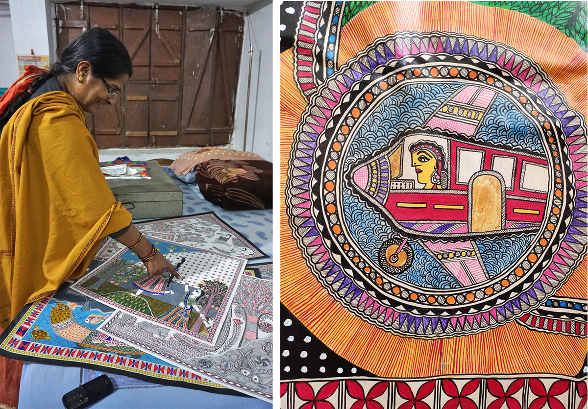 Left: Artist Rani Jha looks through several of her pieces—pointing to one that shows two women supporting each other—at her home in Madhubani, India. Right: Thakur's "Woman Flying Plane."