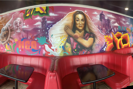 What was a blank wall became a mural incorporating elements from both Hildagan and Oaxacan cultures.