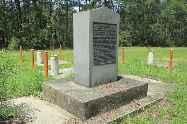 A granite monument surrounded by test wells marks the site of the nuclear bomb tests in southern Mississippi, code-named Salmon and Sterling.