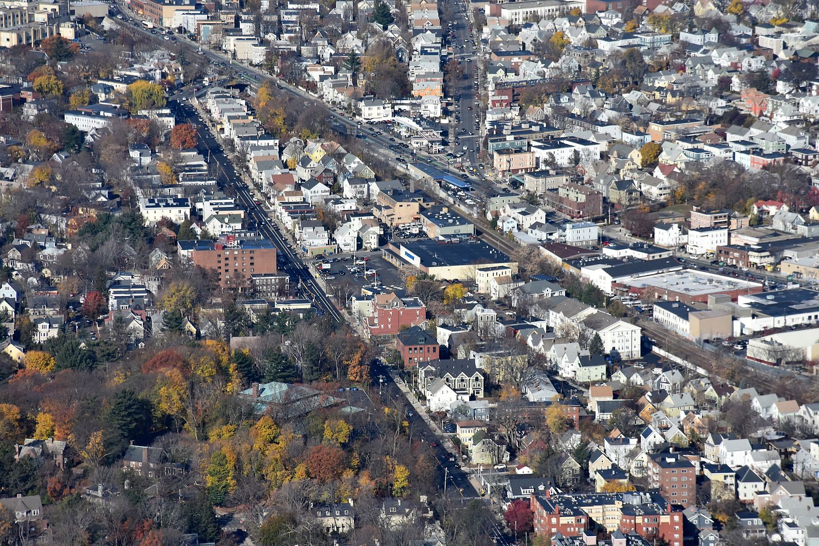Somerville and Cambridge, viewed from from the air. A certain amount of tree discrepancy is visible.
