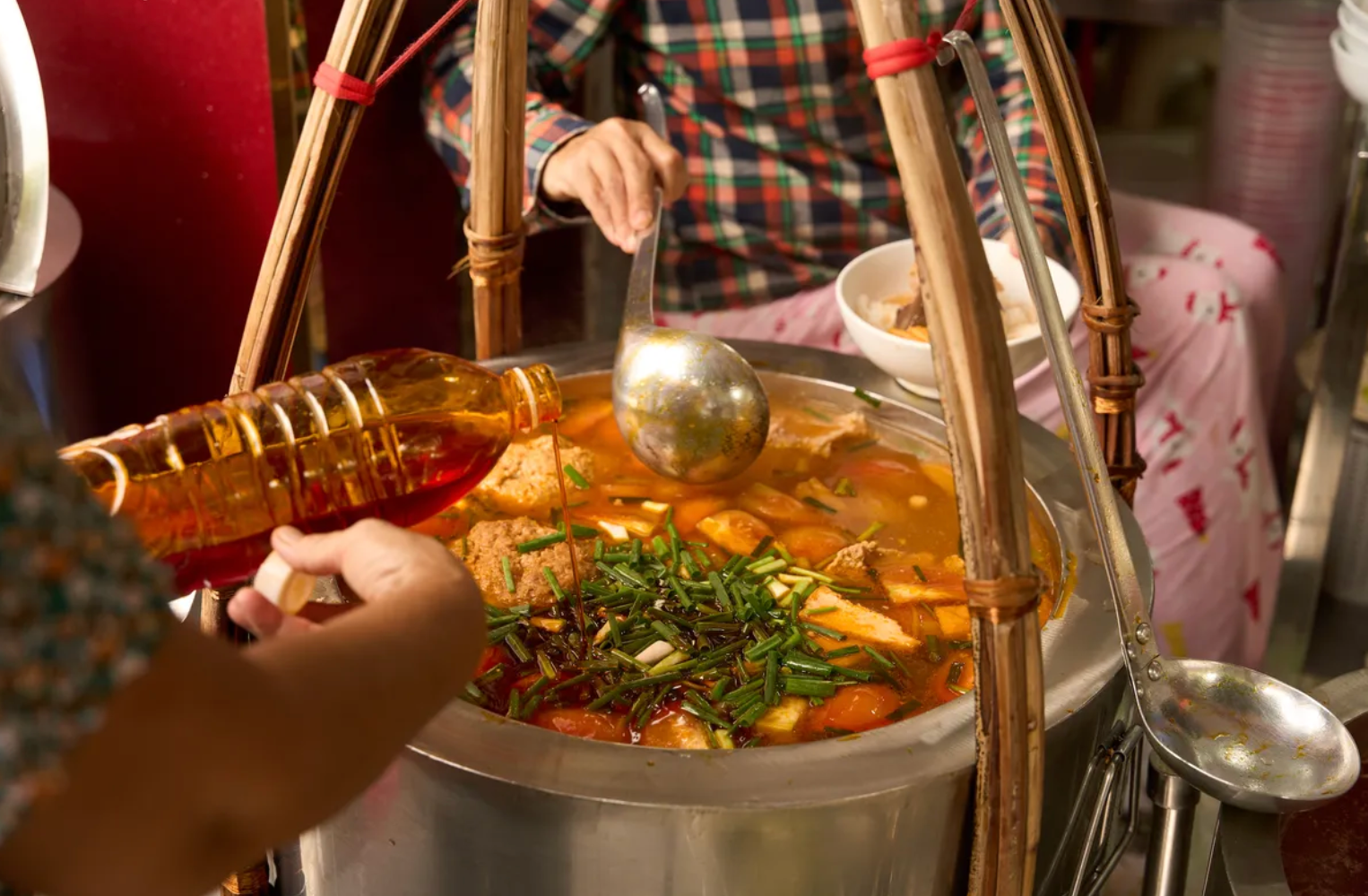 The soup also includes heaping chunks of tofu as well as huyet, or coagulated pork blood.