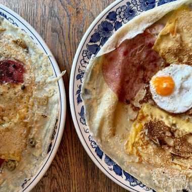 A runny-yolked egg is the crowing glory to a ham-and-cheese pancake.