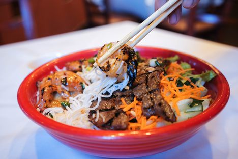Customers can order a "V-bowl" with combinations of beef, shrimp, and other proteins.
