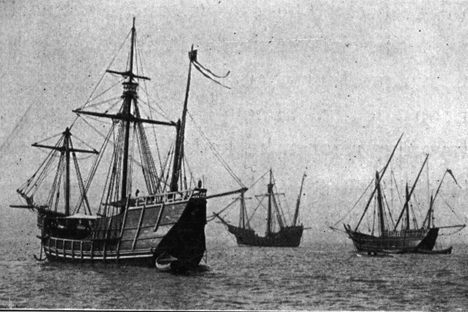 Replicas of the ship Columbus sailed across the ocean, photographed in New York in 1912.