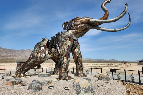Commemorative mammoth sculpture made from recycled materials.