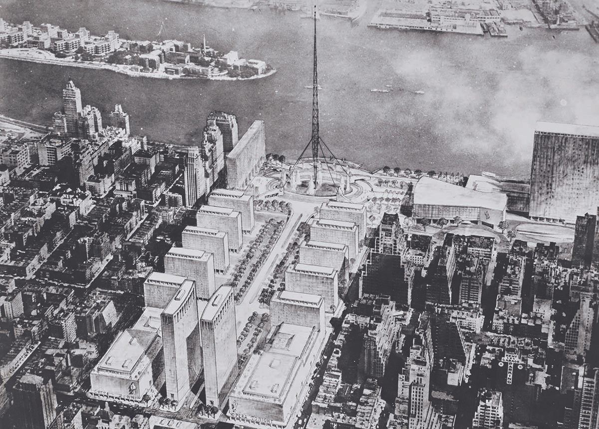 A concourse to connect Midtown to the UN site on the East River, designed by William Zeckendorf and Wallace K. Harrison in 1948, which was flanked with buildings and culminated in a television antenna on the East River.