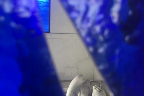 The Hyams mausoleum with the Angel of Greif is now locked due to vandalism, such as this broken side window. Oct 2018