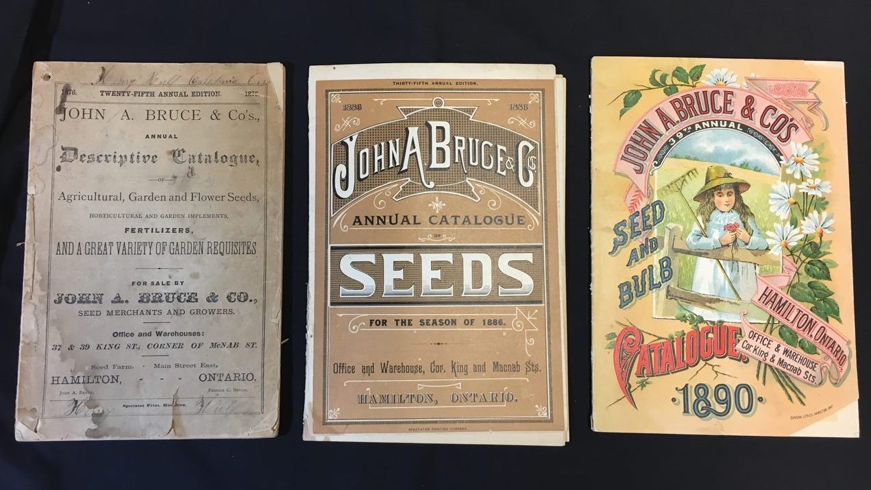Samples of John A. Bruce seed catalogs from the 1870s, 1880s, and 1890s. 
