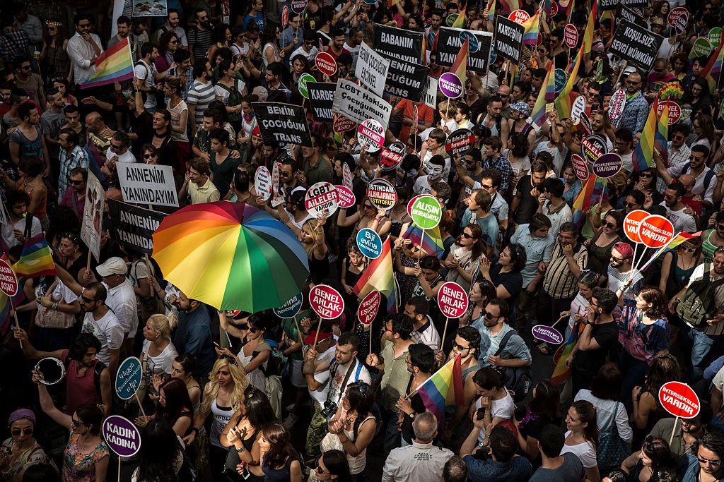 Marchers at the 2014 Gay Pride Parade in Istanbul, Turkey. The pride march was banned in 2016. 