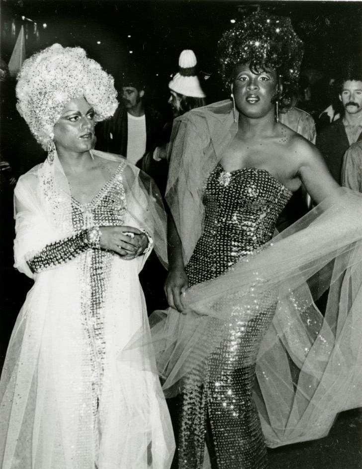 Sylvester the Disco Diva, on the right, pictured with another drag queen in the Castro on Halloween 1976.