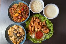 My rendition of frog legs, popping mushroom curry, pad prik khing with salted egg yolk, and sweet khanom thuai.