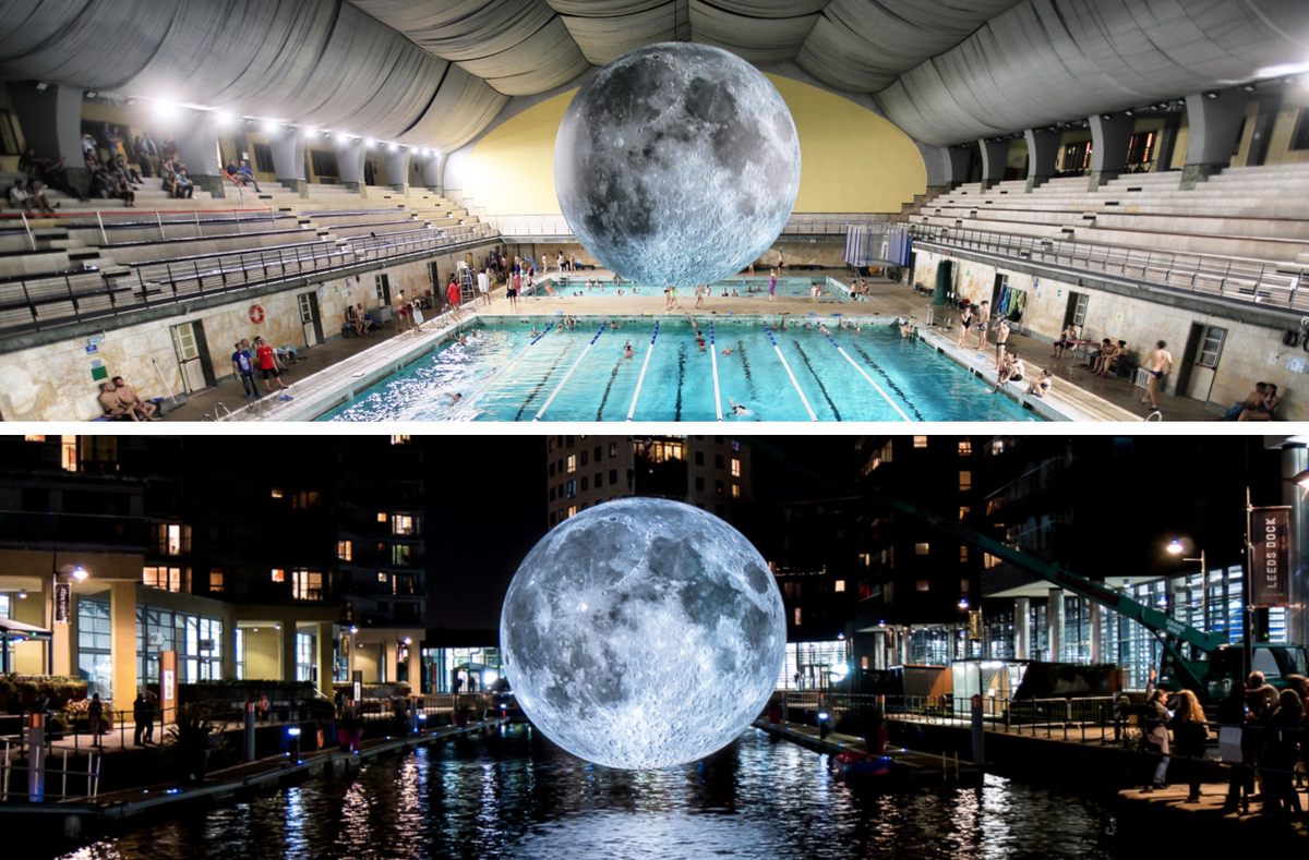 Jerram's image hovered over Milan (top), earlier in 2019, and Leeds, back in 2017.