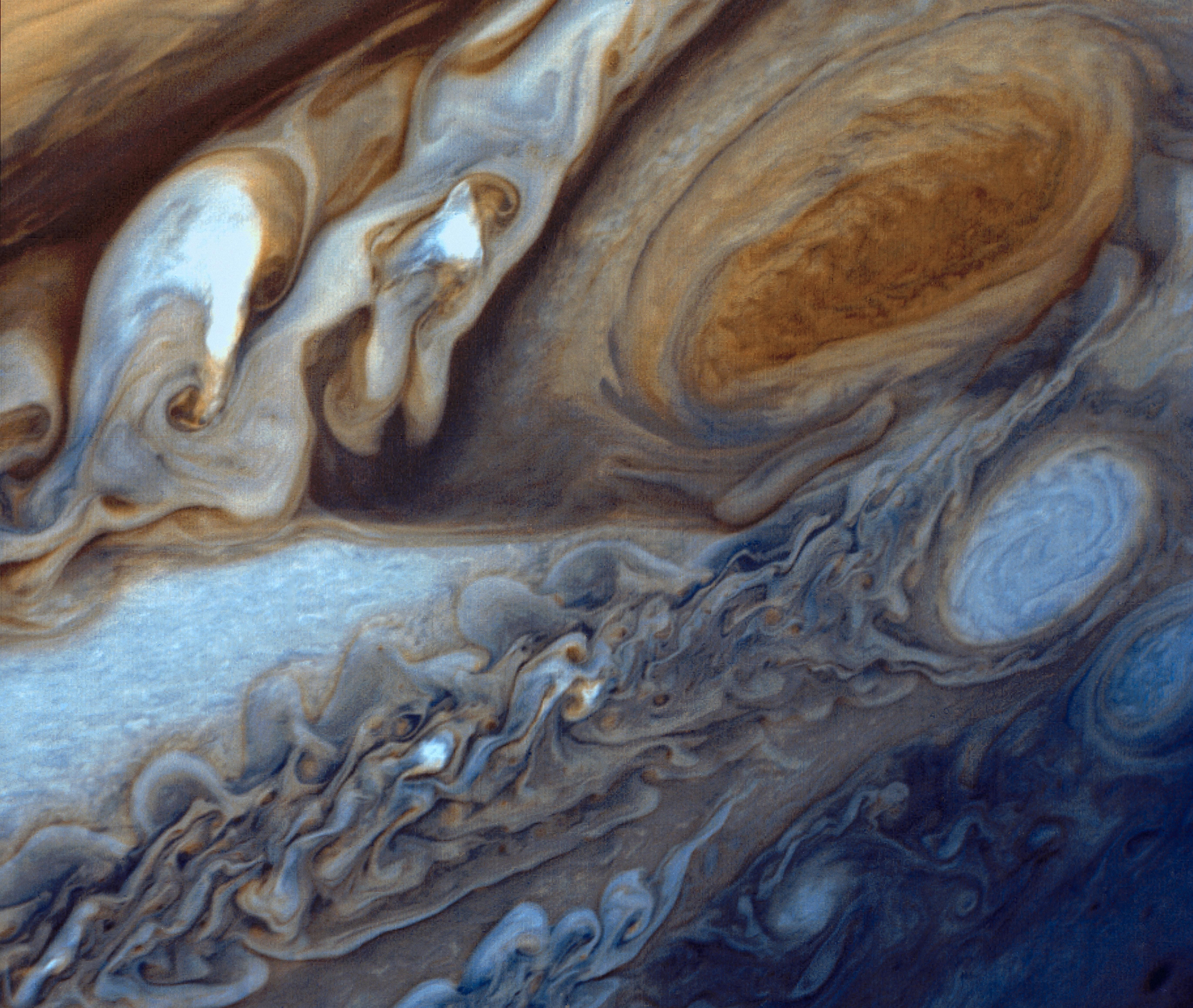 Details of Jupiter's atmosphere, including the Great Red Spot, as imaged by Voyager 1.