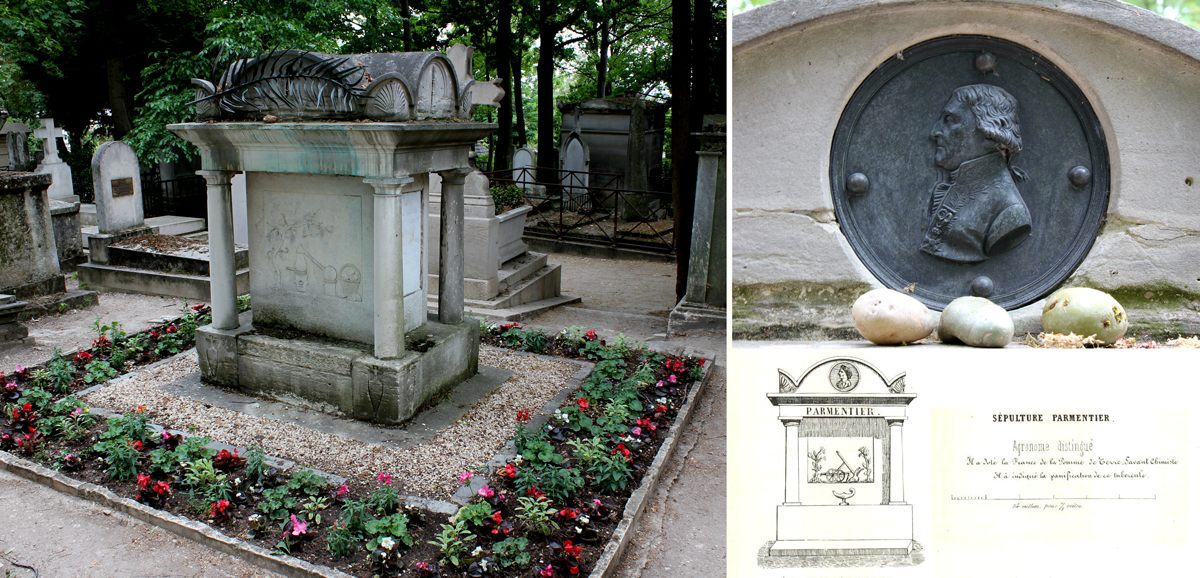 Clockwise from left: The tomb of Antoine Parmentier at the Père Lachaise Cemetery; a bronze medallion showing a relief profile portrait of Parmentier; <em>Le Père-Lachaise</em> by F. T. Salomon in 1855.