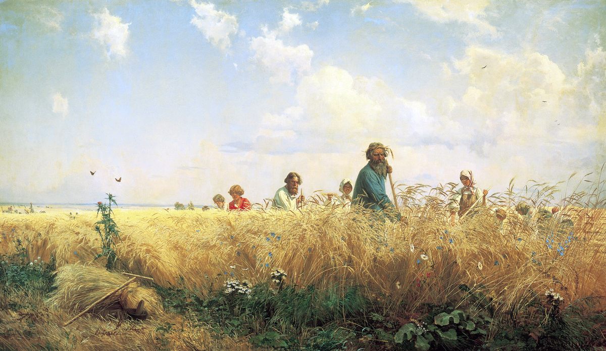 "Peasants Gather the Harvest," painted around 1887 by Gregory Grigorjewitsch Mjassojedow.