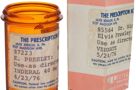 An Elvis Presley-owned prescription bottle and box for Inderal, 1976.