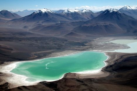 Laguna Verde seen from Licancabur, with Laguna Blanca behind it.