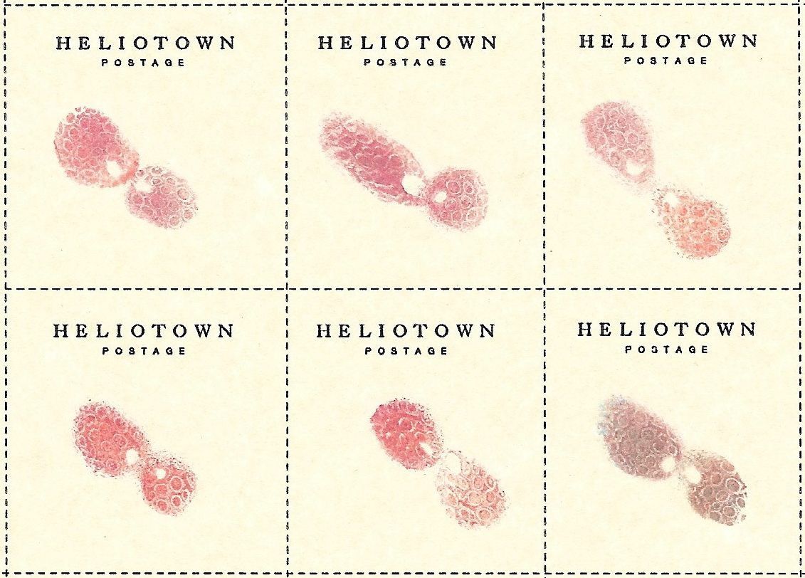 The postage of parallel universe–cum–art project Heliotown is based on a tiny relief sculpture of a spore, and is hand-printed.