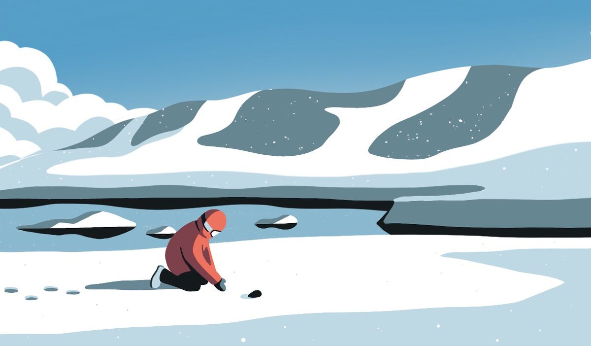 Darker rocks pop against ice and snow.