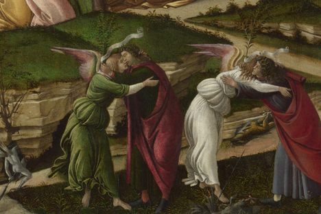 This detail of Sandro Boticelli's "The Mystical Nativity" contains verdigris pigment.
