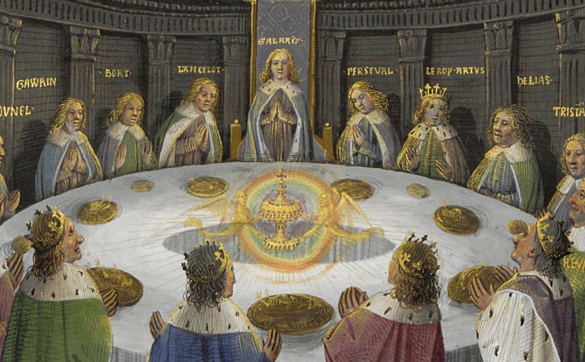 Depiction of King Arthur's knights seeing a vision of the Holy Grailgathered at the Round Table.