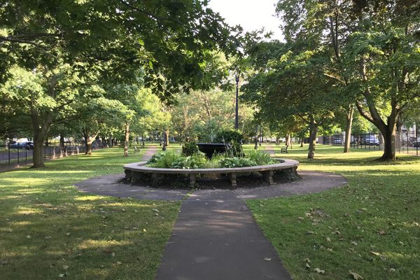 This serene garden and modest fountain marks the heart of Montcalm Park.