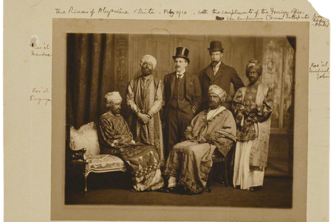 The Dreadnought hoaxers in their Abyssinian regalia, with Virginia Woolf on the far left.