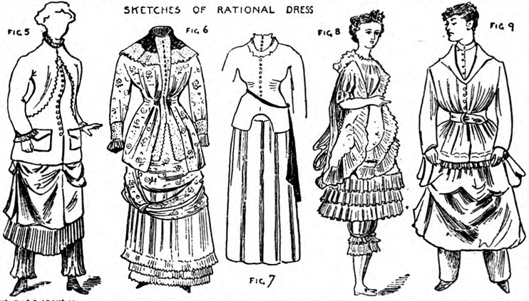 The <em>Rational Dress Society</em> republished these caricatures in the pamphlet of their 1883 annual meeting.