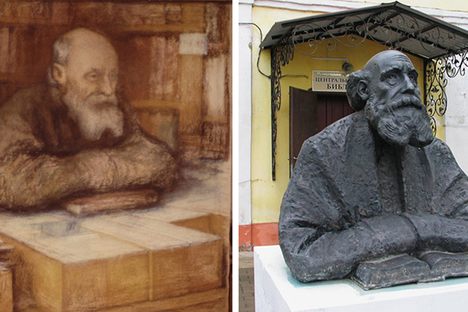 Left to right: Nikolai Fedorov in his study and his monument in Borovsk, Kaluga Oblast.