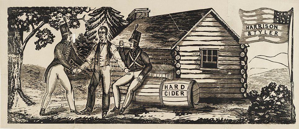 A woodcut used for William Harrison's campaign. In front of a log cabin, Harrison welcomes a soldier, inviting him to rest and drink hard cider. 