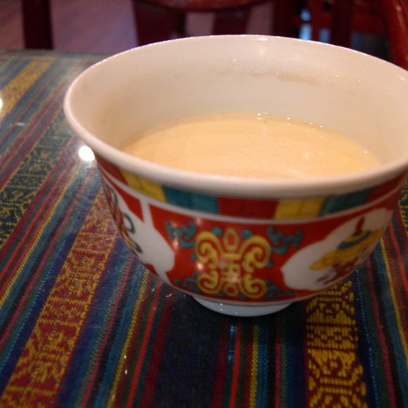 Tibetan tea is made with tea, yak butter, and salt.