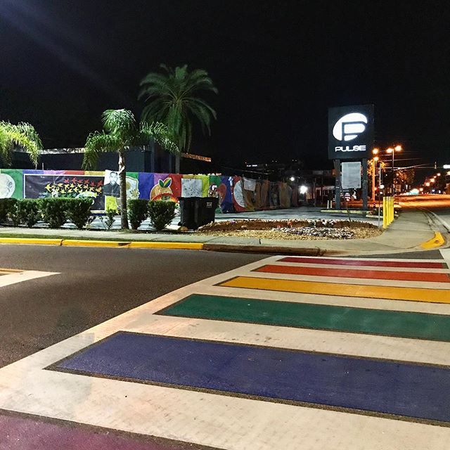 A night view of the new rainbow crosswalk outside Pulse.
