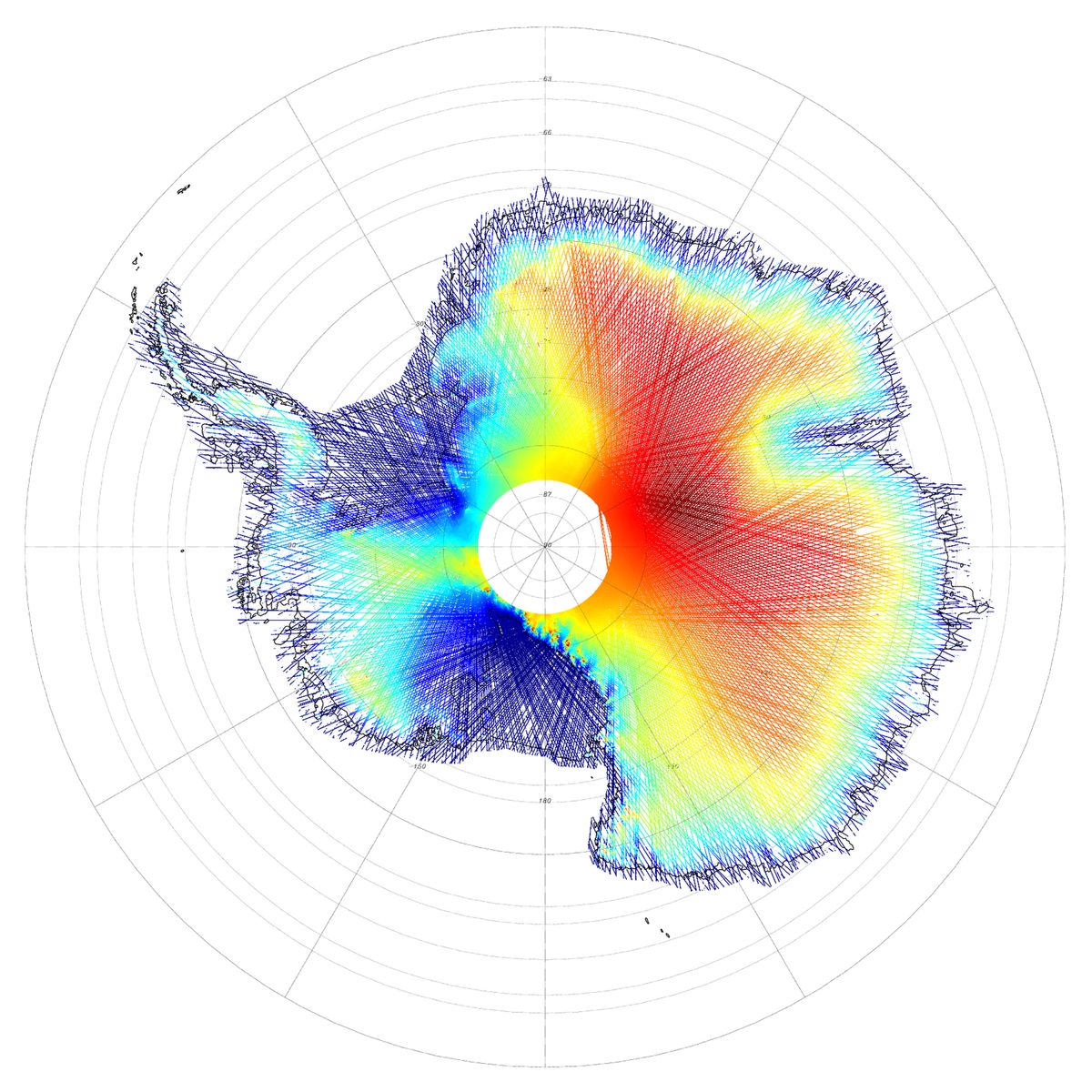 Data from NASA’s Ice, Cloud, and land Elevation Satellite, or ICESat, show elevation across Antarctica. The low elevations on the left side show how the Weddell and Ross Seas were one connected.