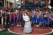 Sofía Robles, the first female mayor of Santa María Tlahuitoltepec, takes a ceremonial opening shot at a local tournament in 2012.