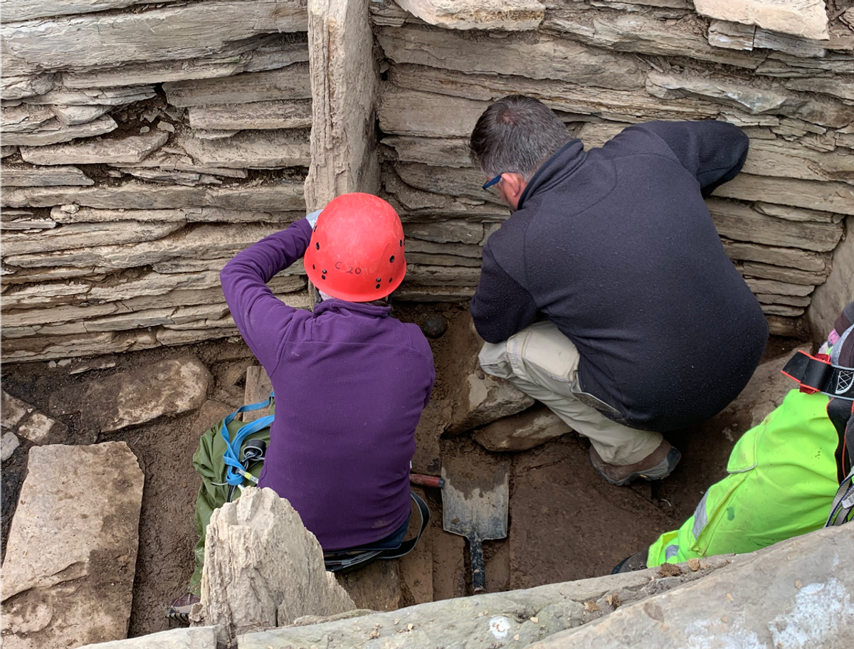One of the stone balls (at center) as it was excavated.