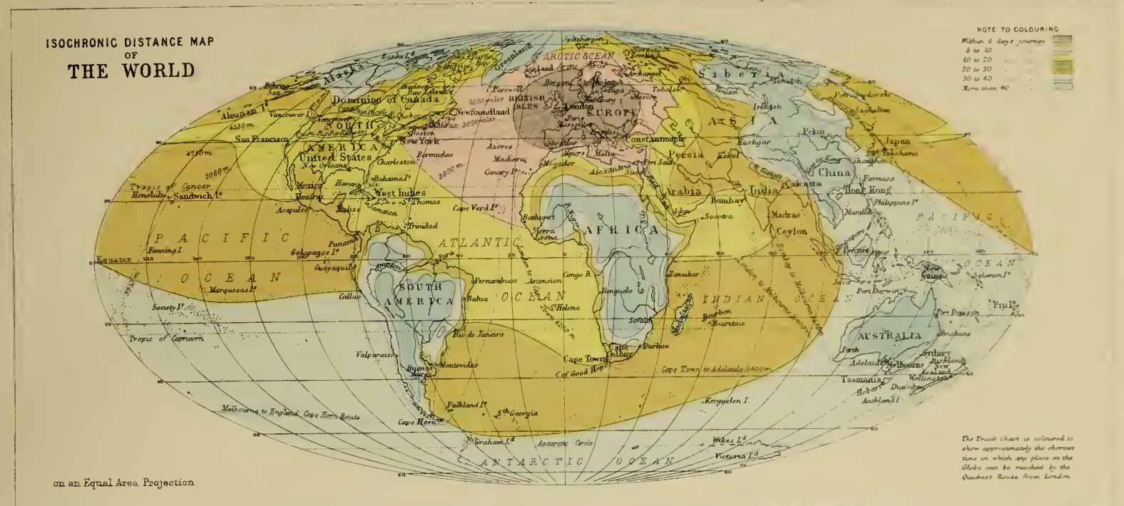 A map showing travel times from London, from J.G. Bartholomew's 1889 "Atlas of Commercial Geography"