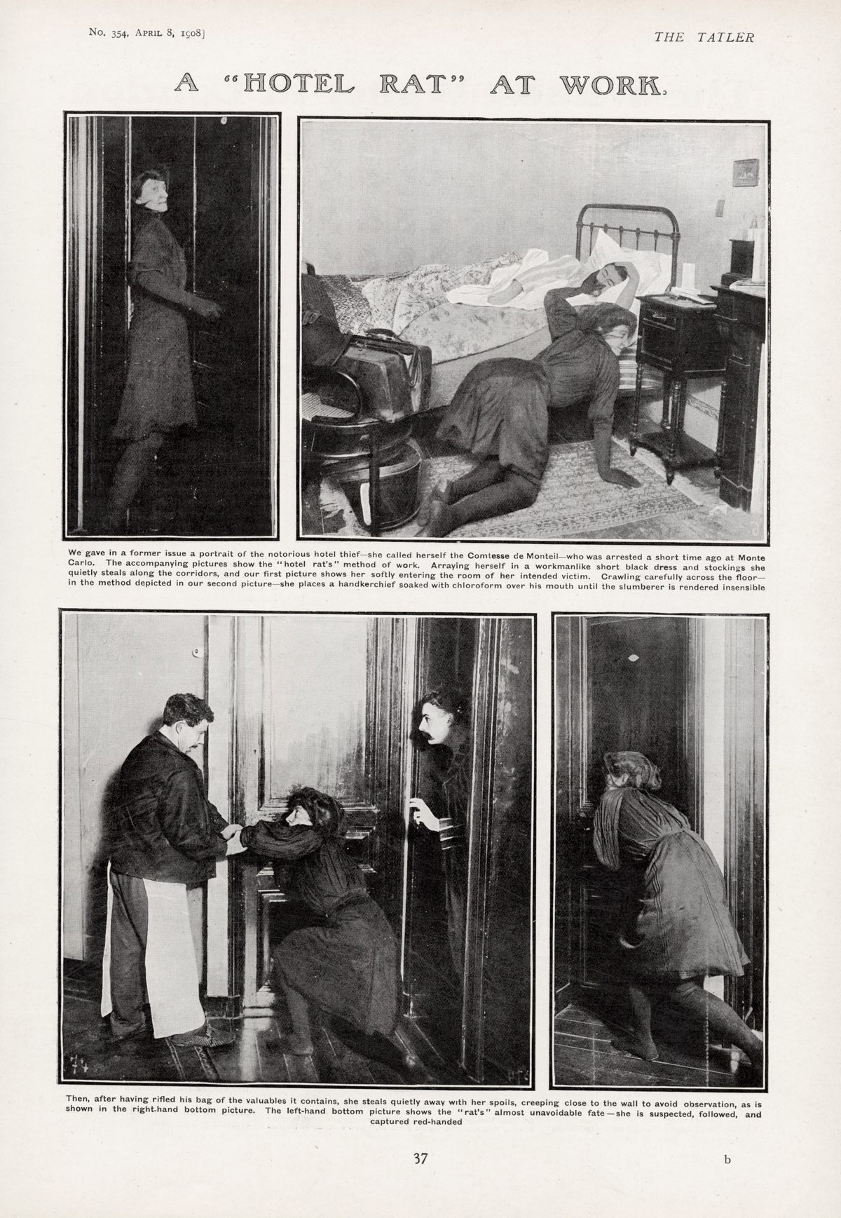 In April 1908, <em>The Tatler</em> published a detailed reenactment of the pseudocomtesse's M.O. and arrest—erroneously described here as taking place in Monte Carlo.